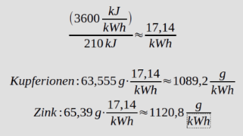 Berechnung der Stoffmasse je kWh energei für das Daniell-Element